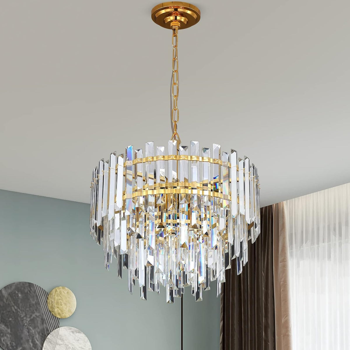 Gold Copper Crystal Chandelier Lighting 17.7'' for Dining Rooms Bedroom Foyer Entryway Ceiling