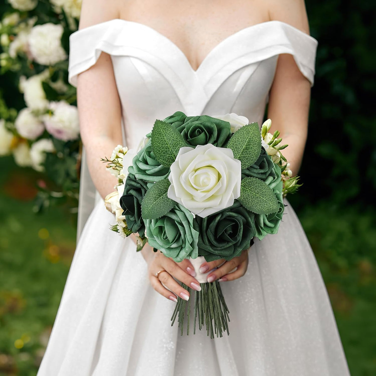 AmyHomie 25pcs Real Looking Artificial Shades of Forest Roses w/Stem for DIY Wedding Bouquets