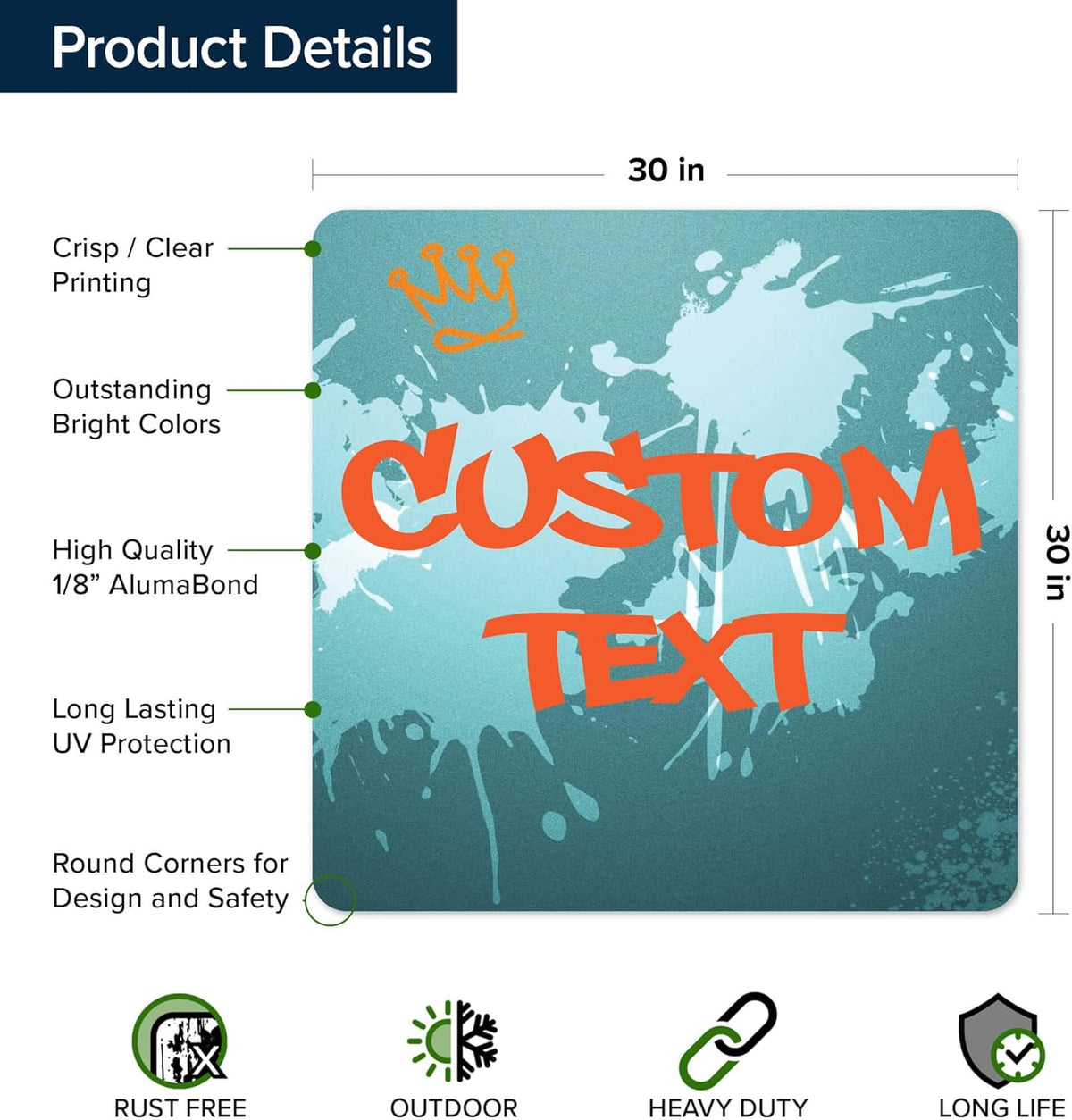 Custom Sign, Custom Street Sign, 11 Font Colors, 13 Font Styles, 4 Hole Options, 22 Sizes, 30x30