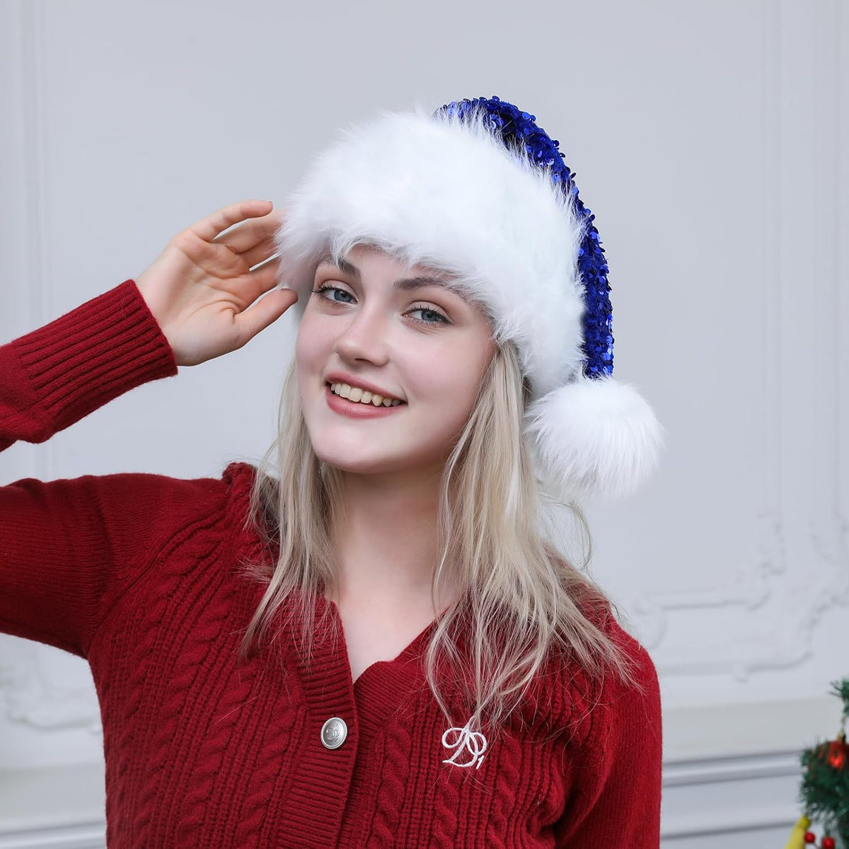 Personalized Sequin Santa Hat for Adults, Red Glitter Christmas Party Hat, Xmas Halloween New Year
