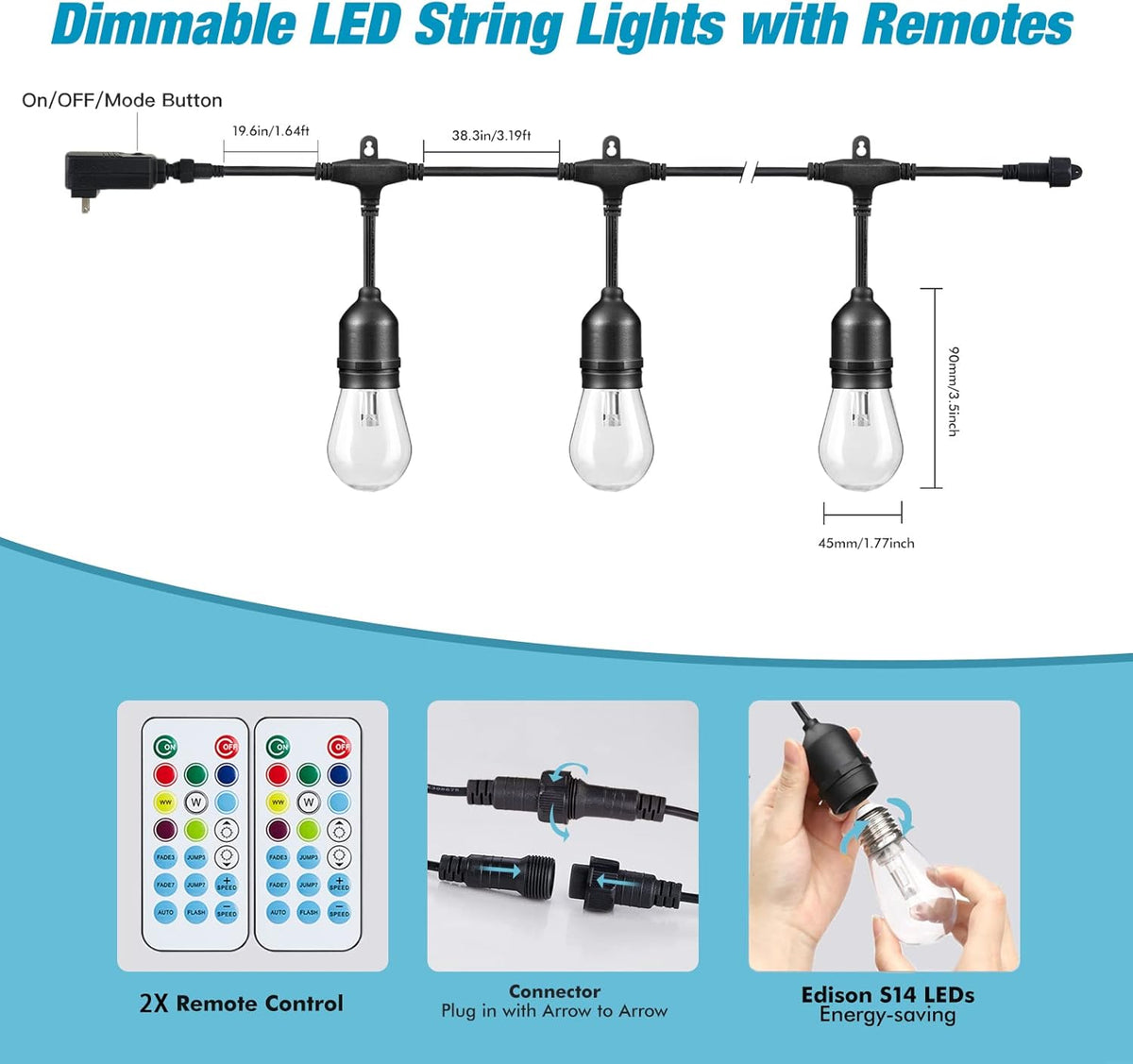 96FT Solar Outdoor String Lights, 30 Shatterproof Edison LED Bulbs, Dimmable RGB Color Changing