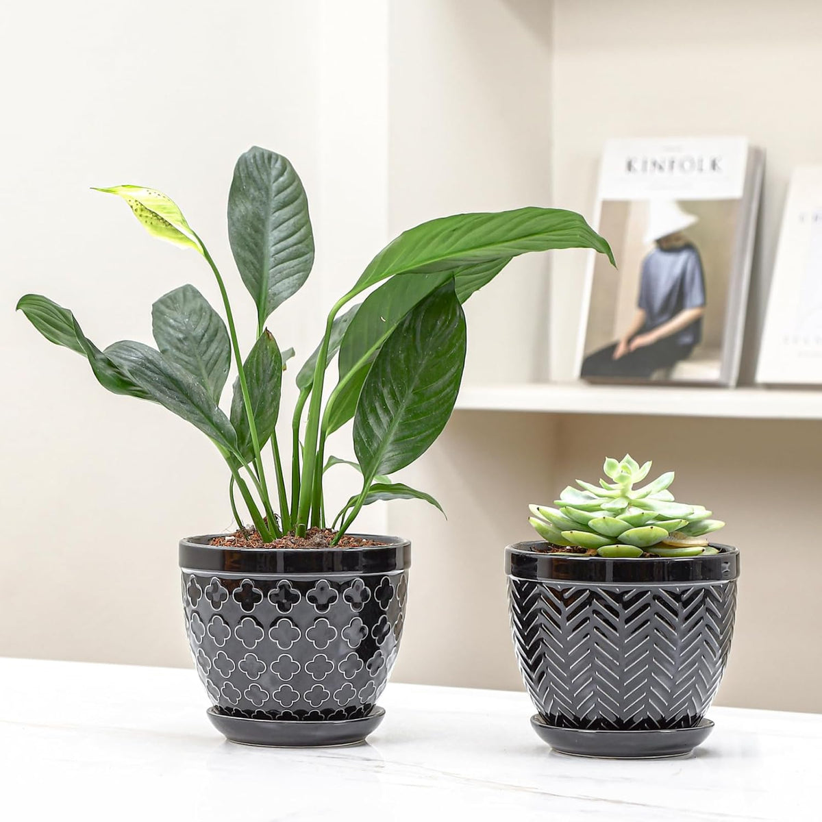 Sureasy Ceramic Indoor Plant Pots - 5.6 Inch Flower Pots for Plants with Drainage Hole and Saucer