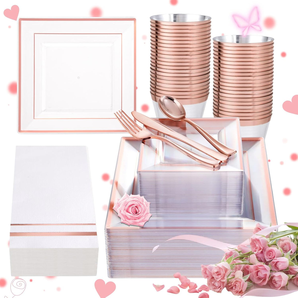 Festiva 350Pcs Rose Gold Plastic Plates - Clear Rose Gold Disposable Dinnerware Sets for 50Guests