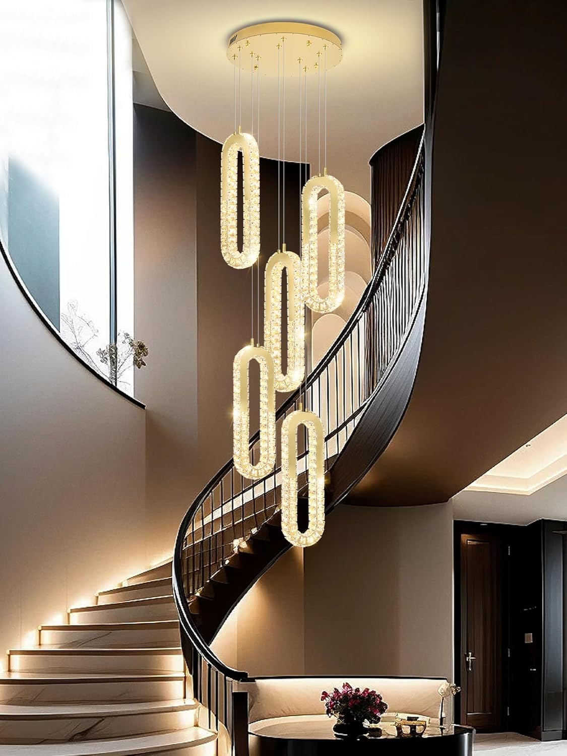 5 Rings Crystal Chandeliers for Staircase Large Pendants Light Fixture Gold High Ceiling Chandelier