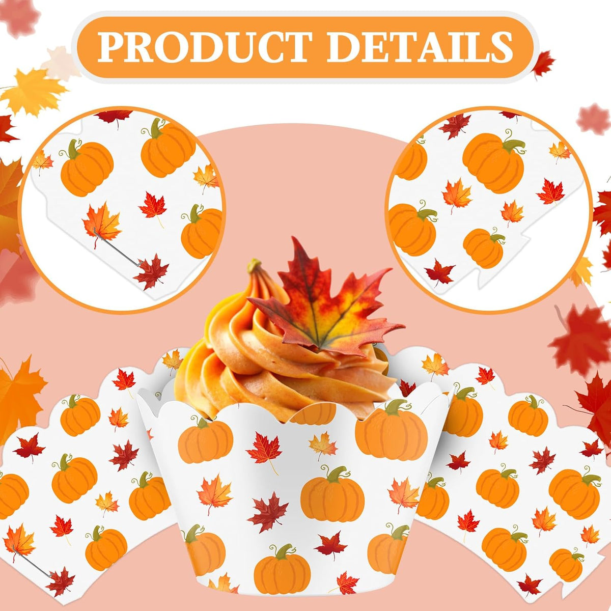 Domensi 100 Pcs Fall Pumpkin Maple Leaf Cupcake Wrappers Rustic Cupcake Liners Thanksgiving Baking