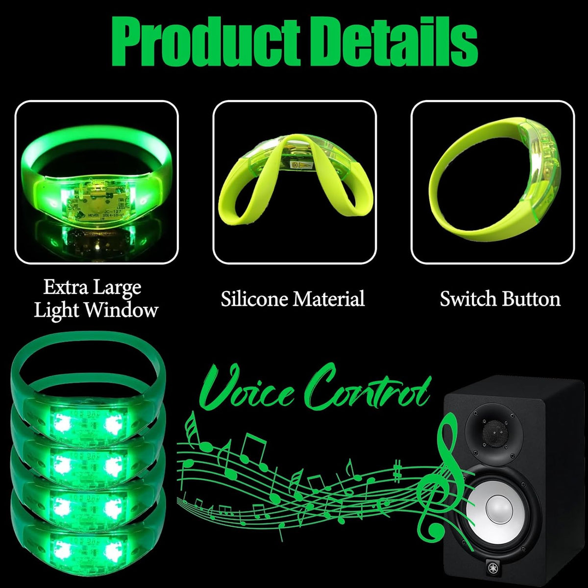 100 Pcs LED Bracelets Sound Activated with Flashing LED Strobe Music Control Light Up Bracelets for
