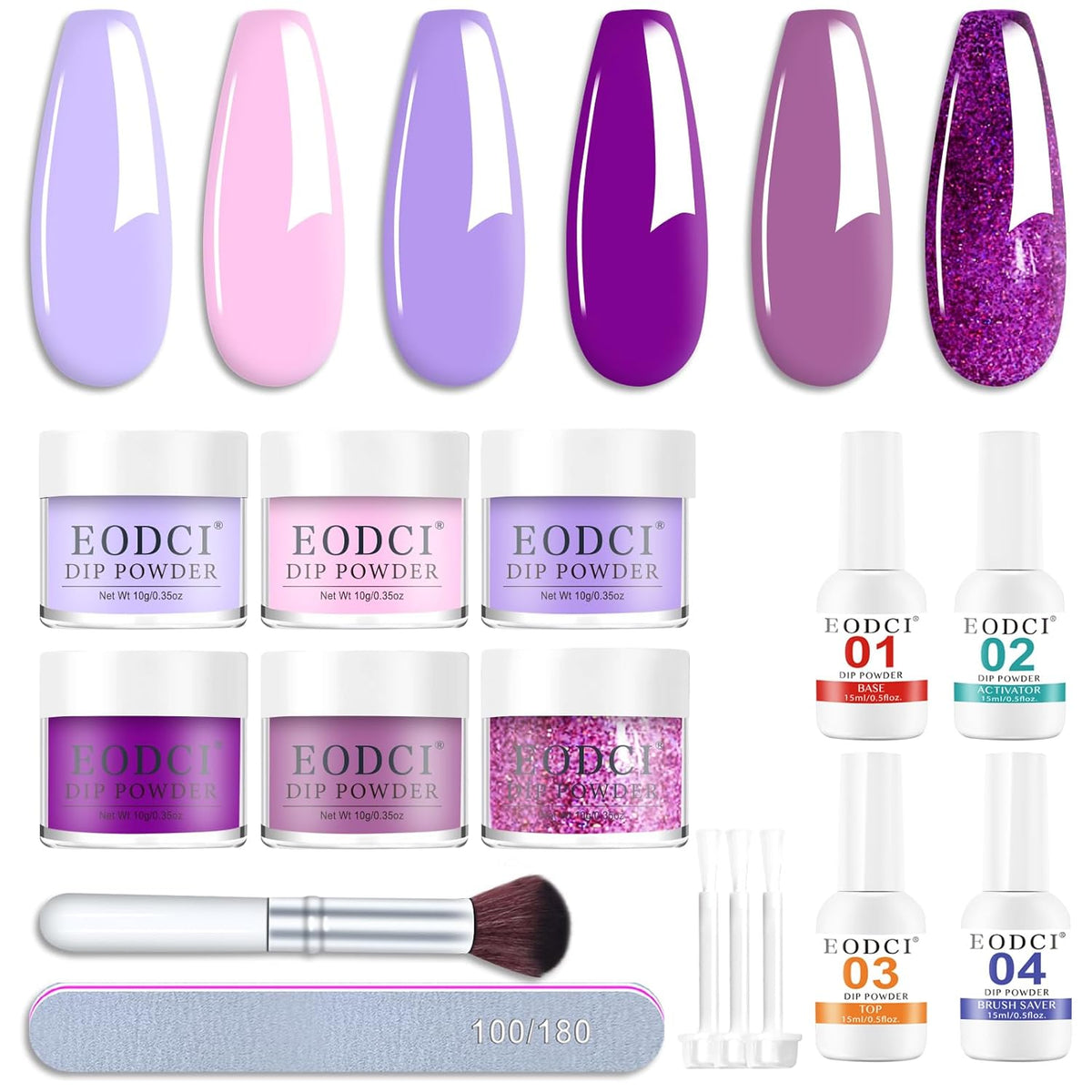 Dip Powder Nail Set, 6 Colors Purple Series 12 Pcs Dipping Powder Kit With Base & Top