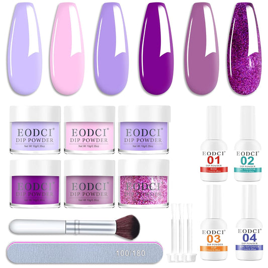 Dip Powder Nail Set, 6 Colors Purple Series 12 Pcs Dipping Powder Kit With Base & Top