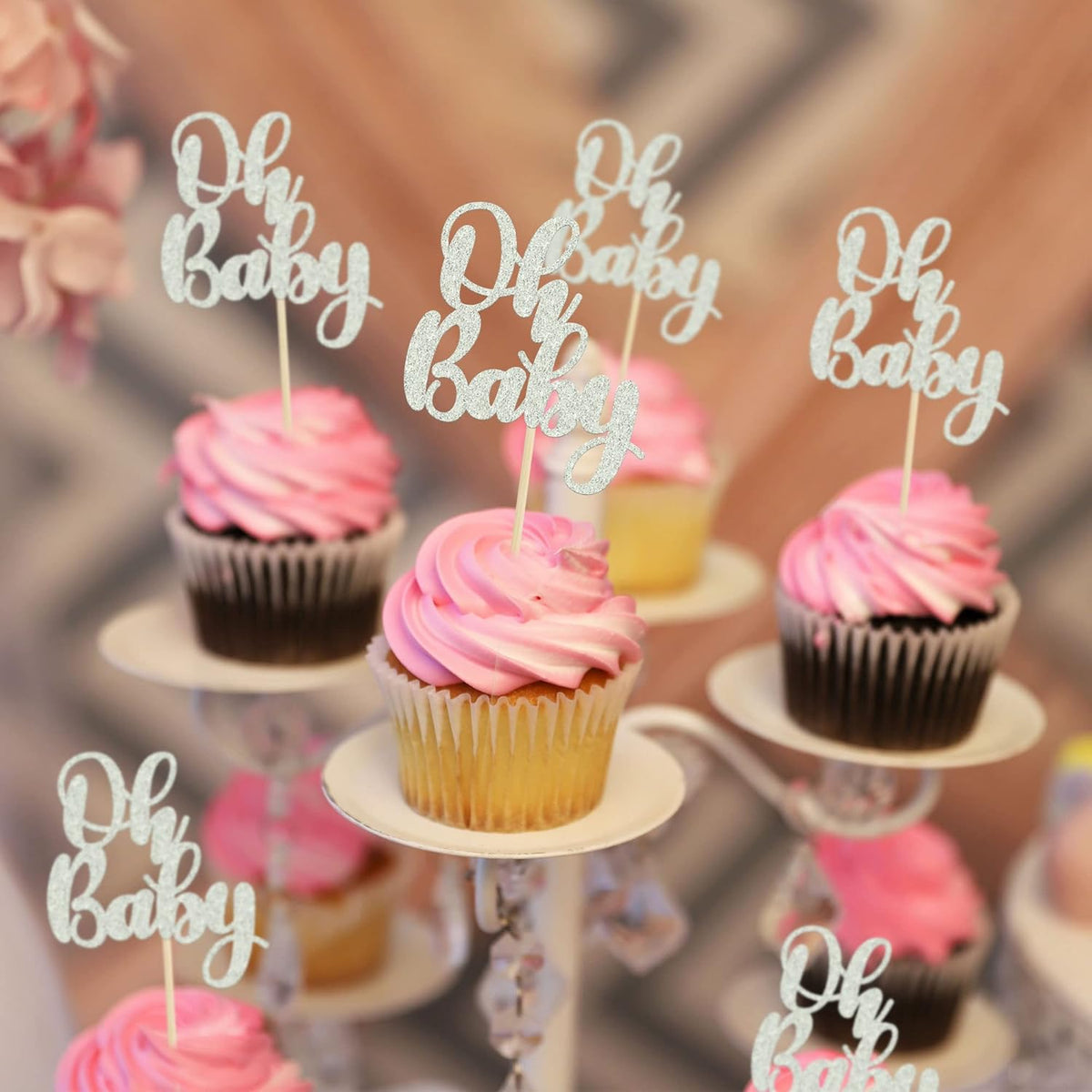 Gyufise 36 Pack Oh Baby Cupcake Toppers Silver Glitter Baby Shower Cupcake Picks Boys Girls