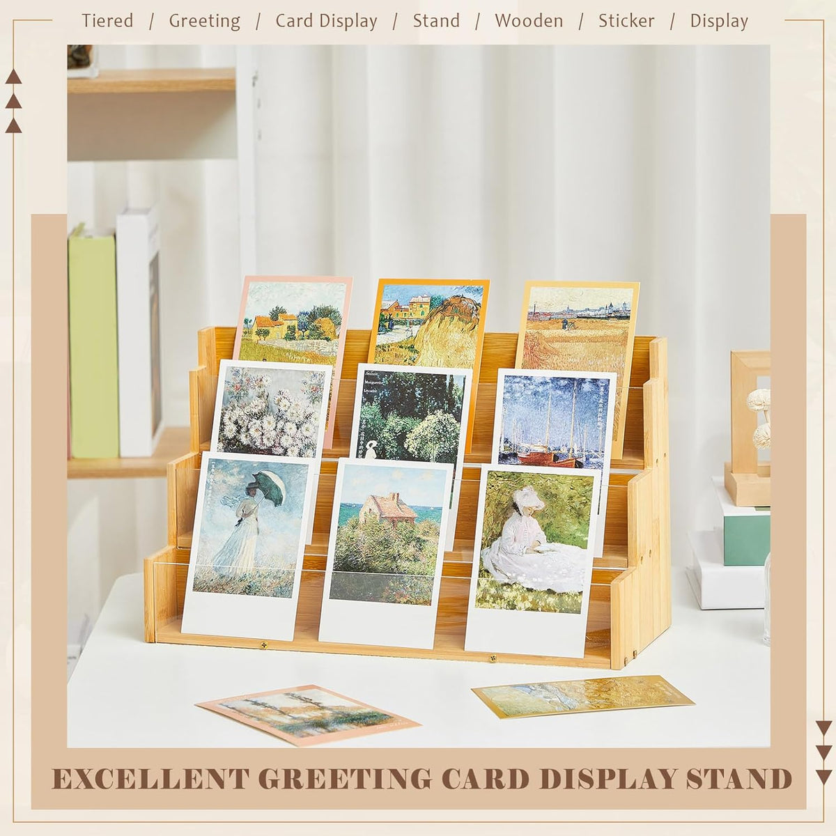 3 Tier Greeting Card Display Stand Wood Color Bamboo and Acrylic Sticker Display Stand Trading Card