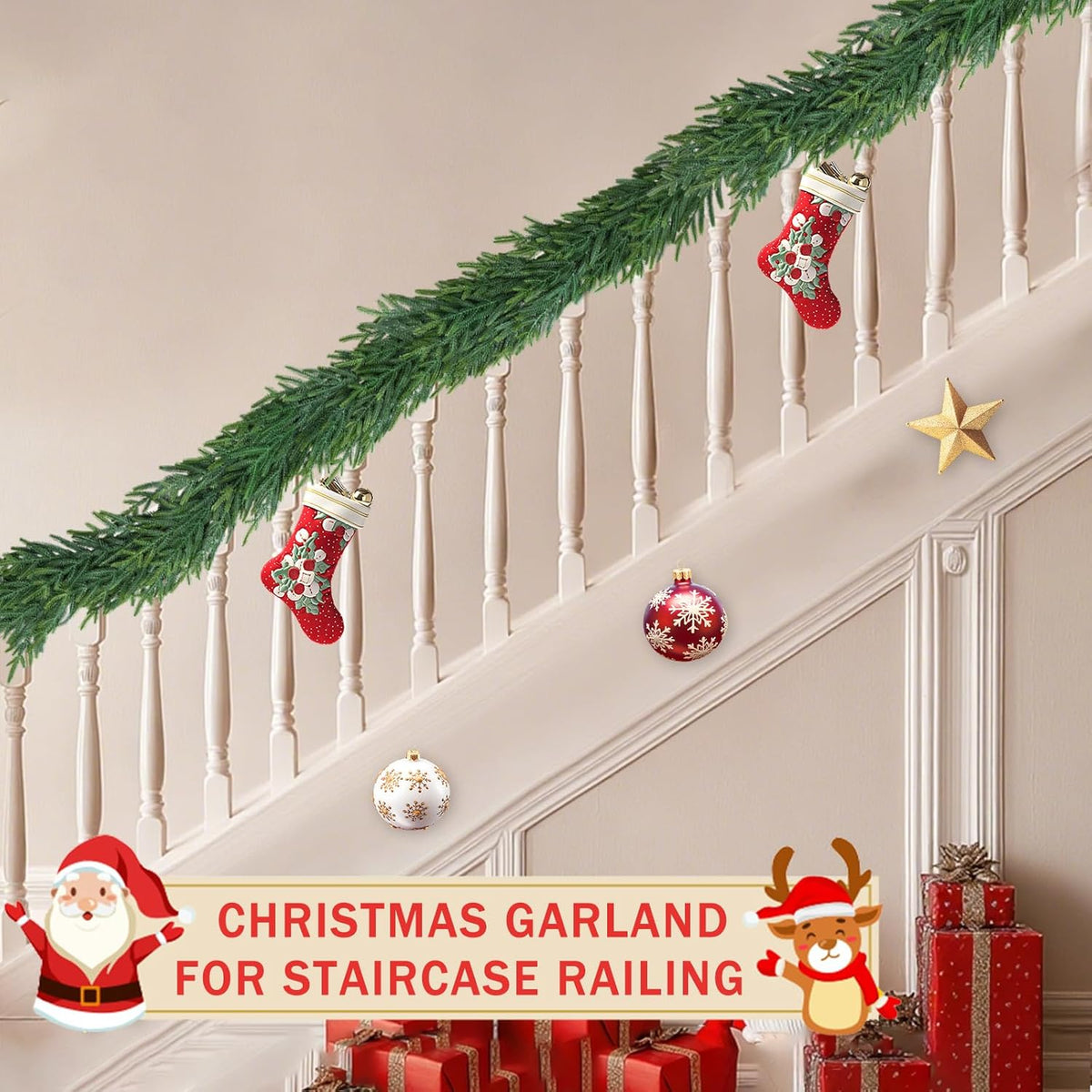 9 Ft Christmas Cedar Garland for Staircase Railing Real Touch Soft Bendable Faux Winter Xmas