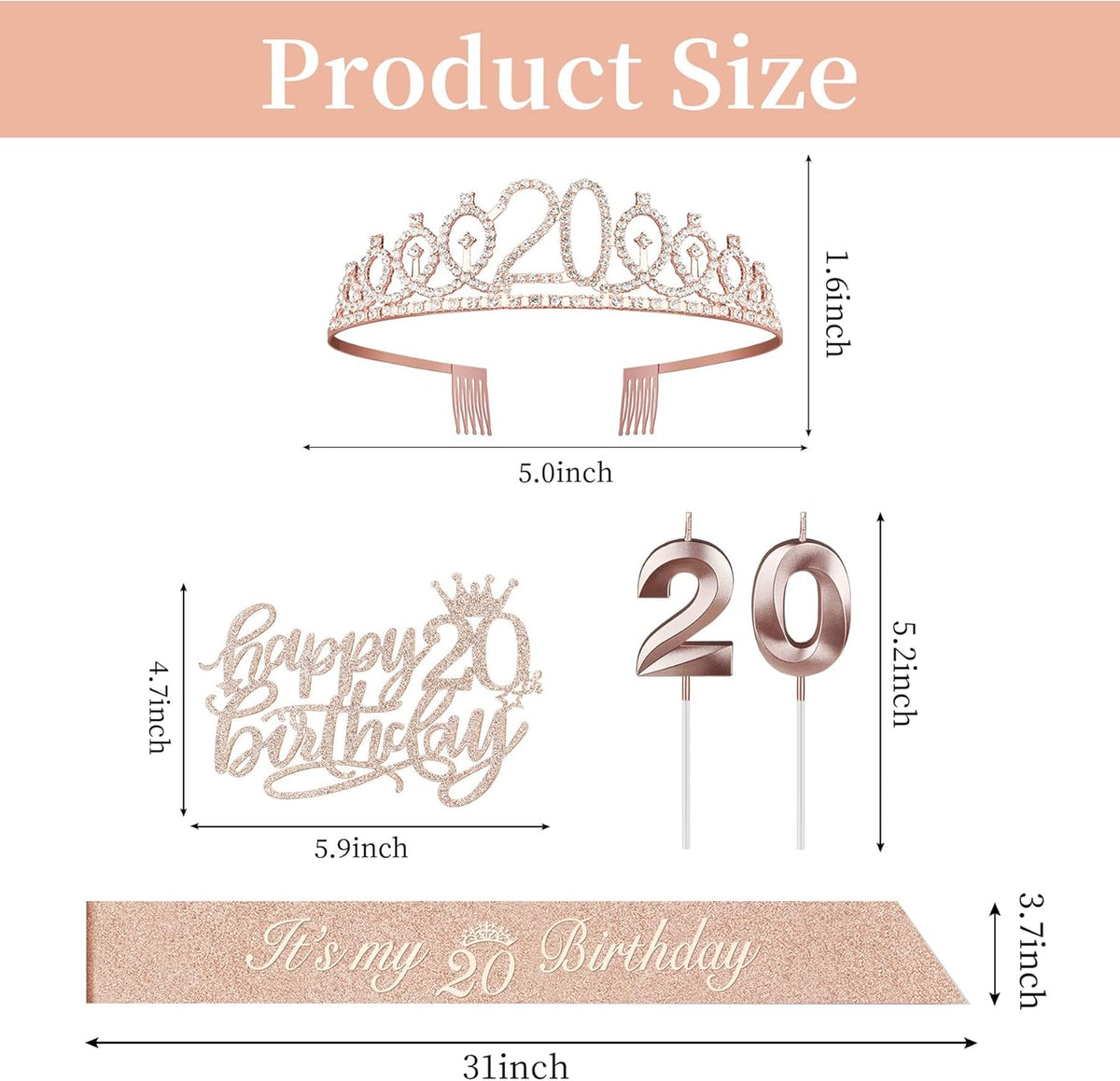 20th Birthday Decorations for Women Including Sash, Crown, Cake Topper and Candles, 20th Birthday