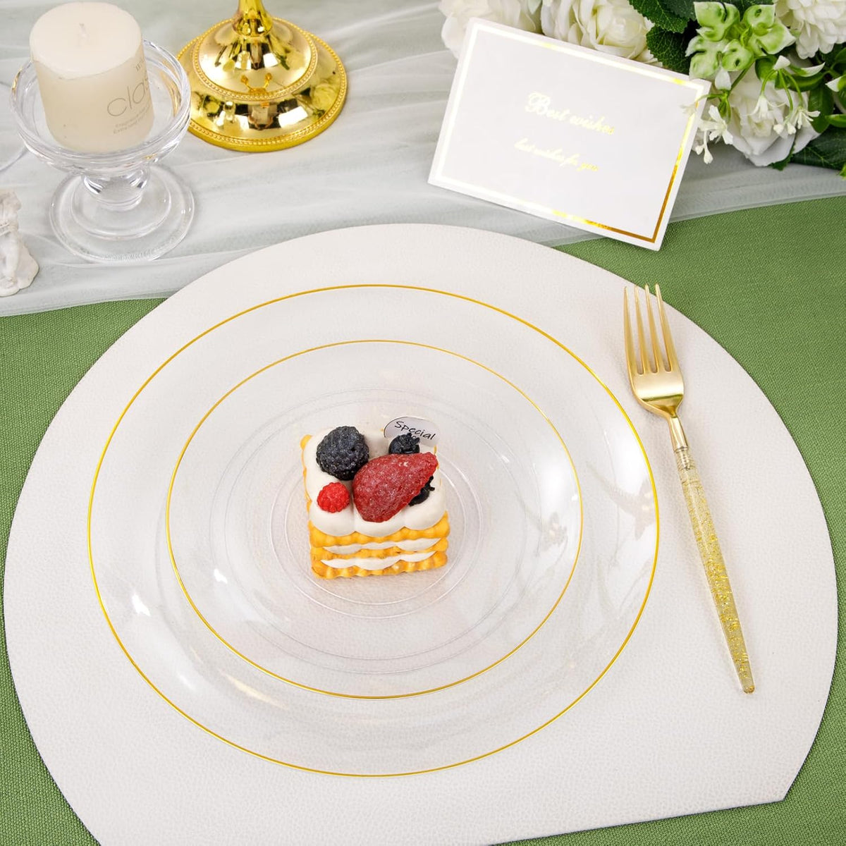 Liacere 150PCS Clear Gold Plastic Plates - Gold Plastic Silverware with Glitter Handle - Clear
