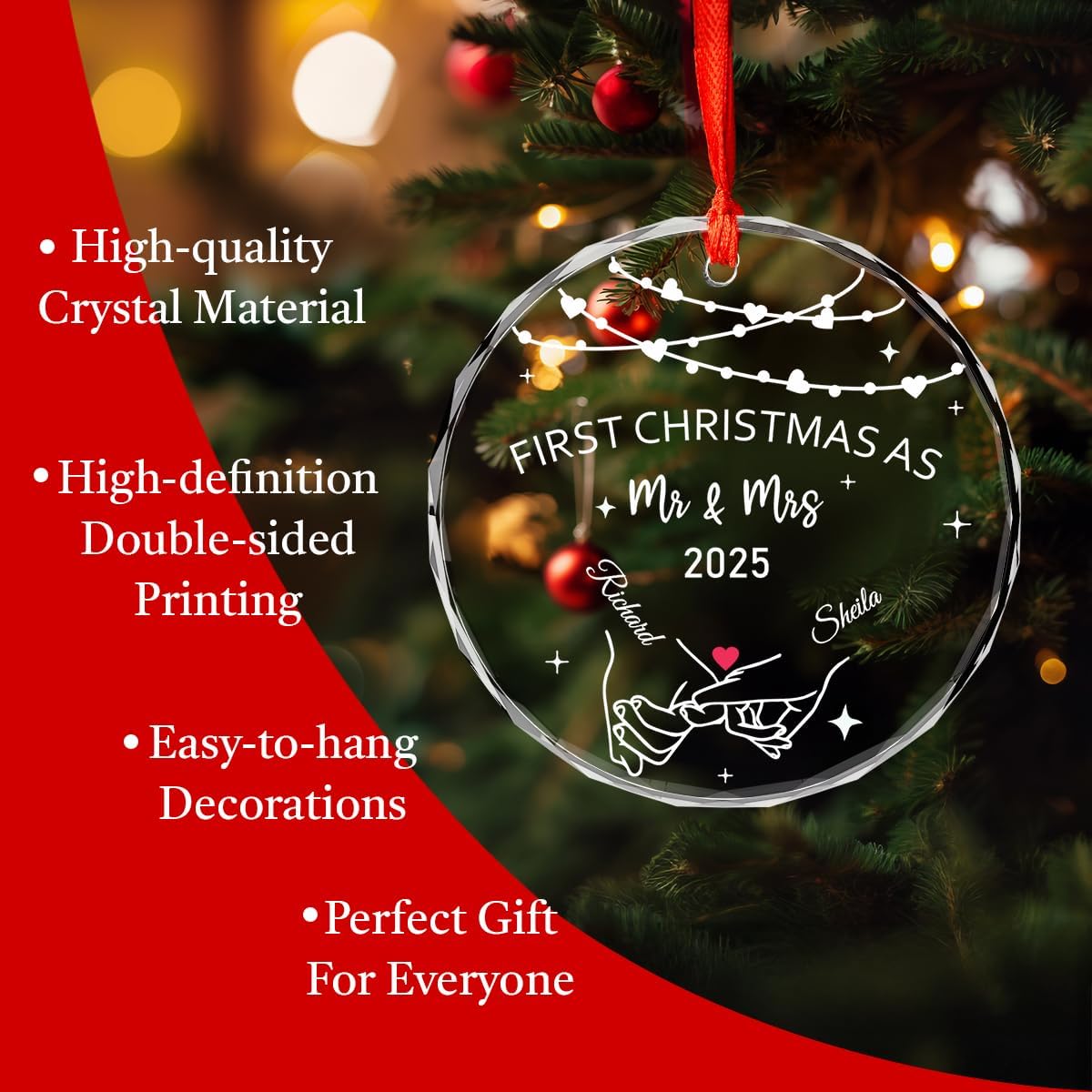 Personalized Christmas Ornaments with Names, Couple Glass Ornament, Custom Wedding Gifts for