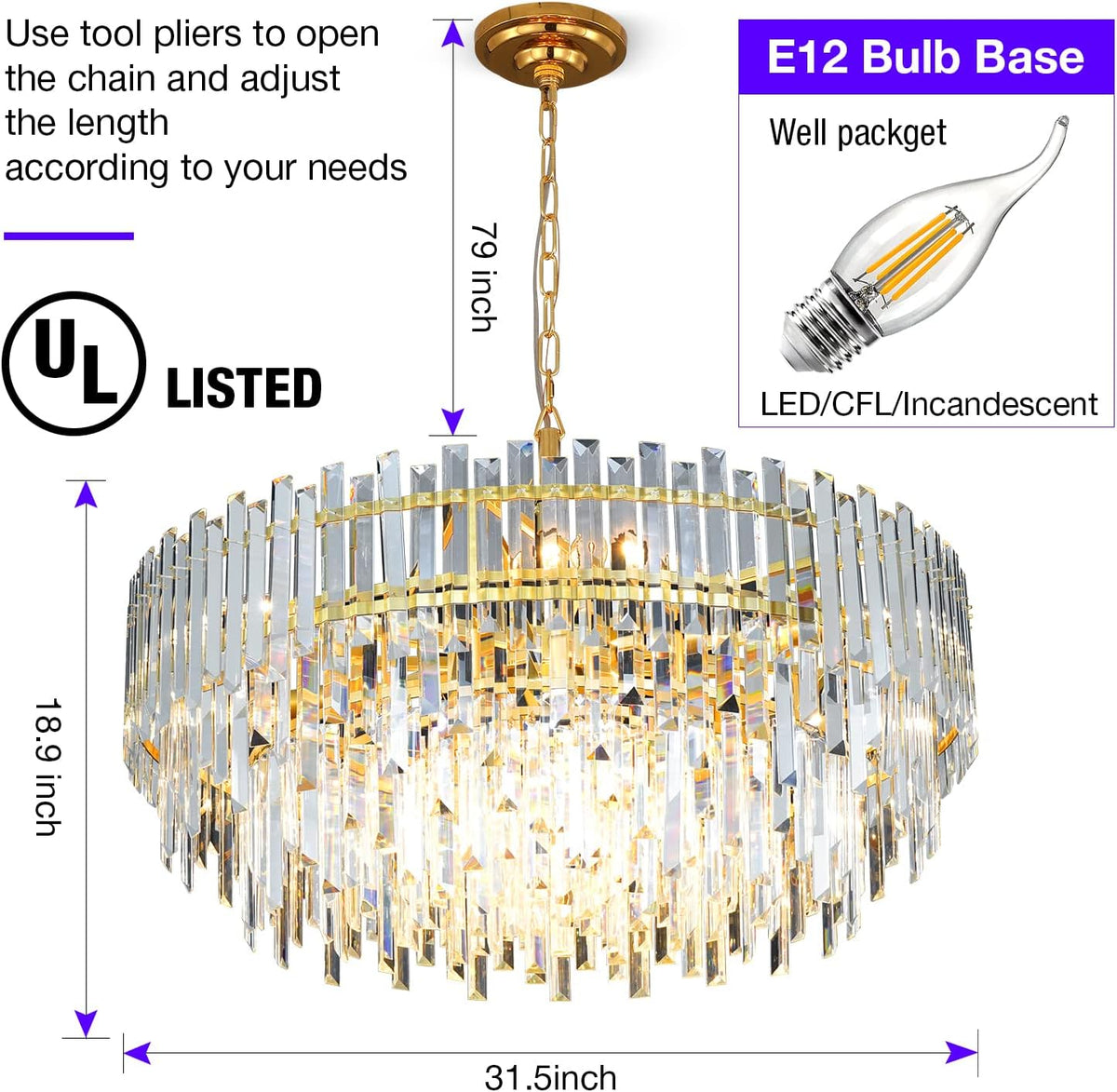 Gold Copper Crystal Chandelier Lighting 31'' for Dining Rooms Bedroom Foyer Entryway Ceiling