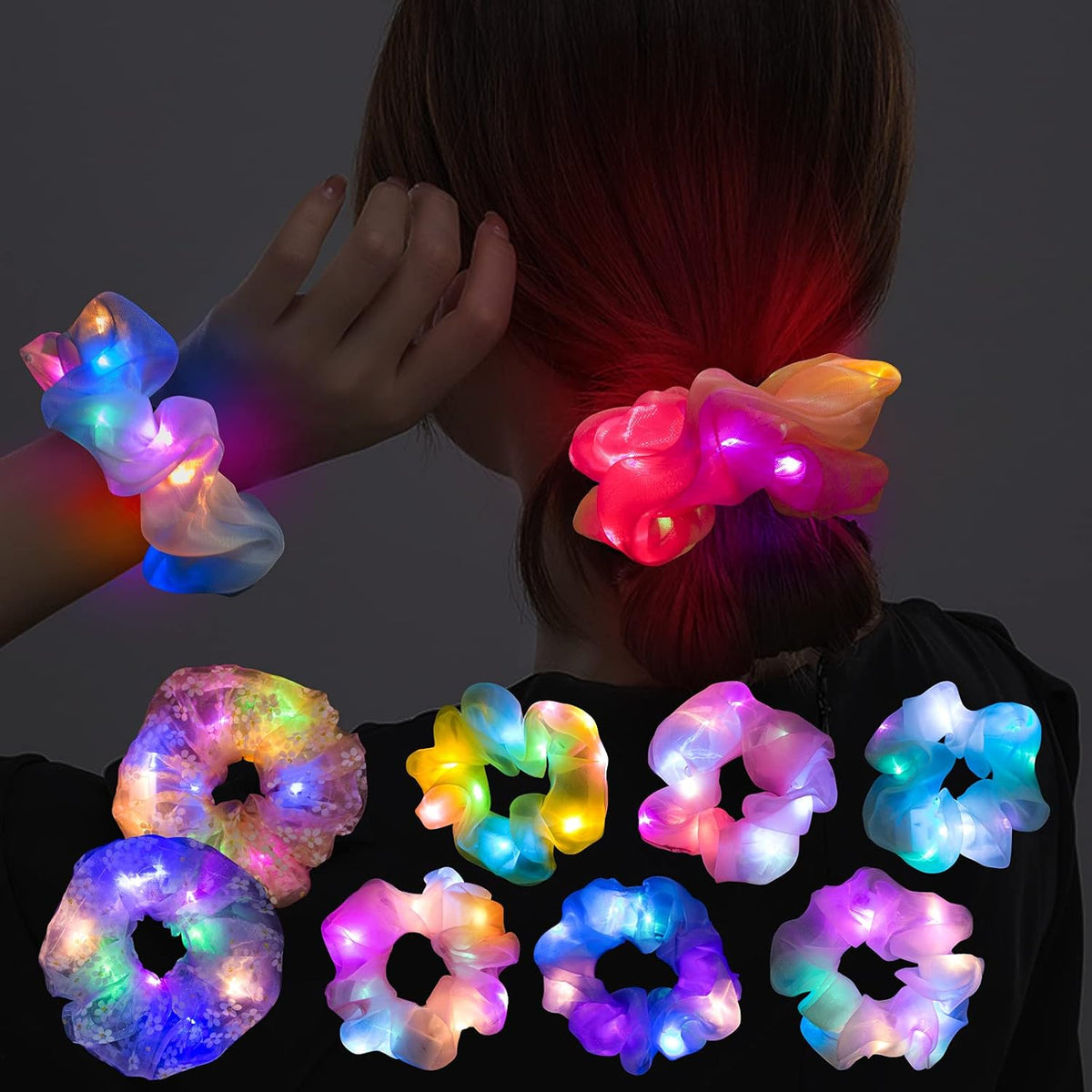 8 Pcs LED Scrunchies for Women - Scrunchy, Light Up Scrunchies for Girls, Colorful Yarn Hair Tie