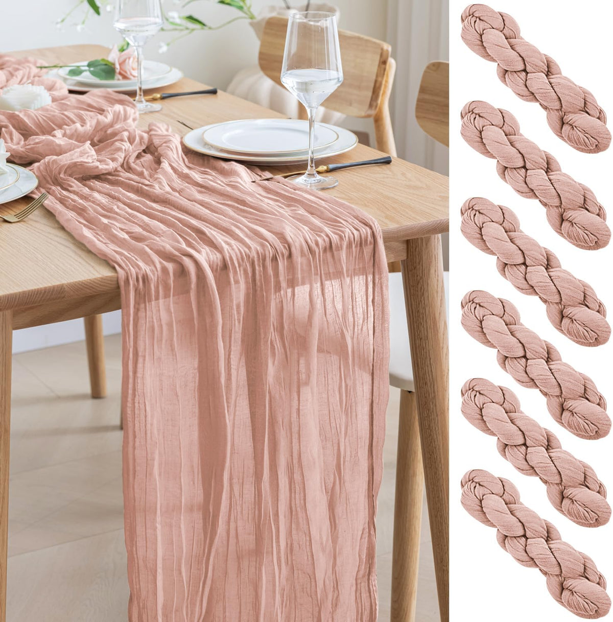 Asee'm 6PCS Table Runner Cheesecloth 10FT Dusty Pink Boho Gauze Fabric Rustic Sheer Cheese Cloth