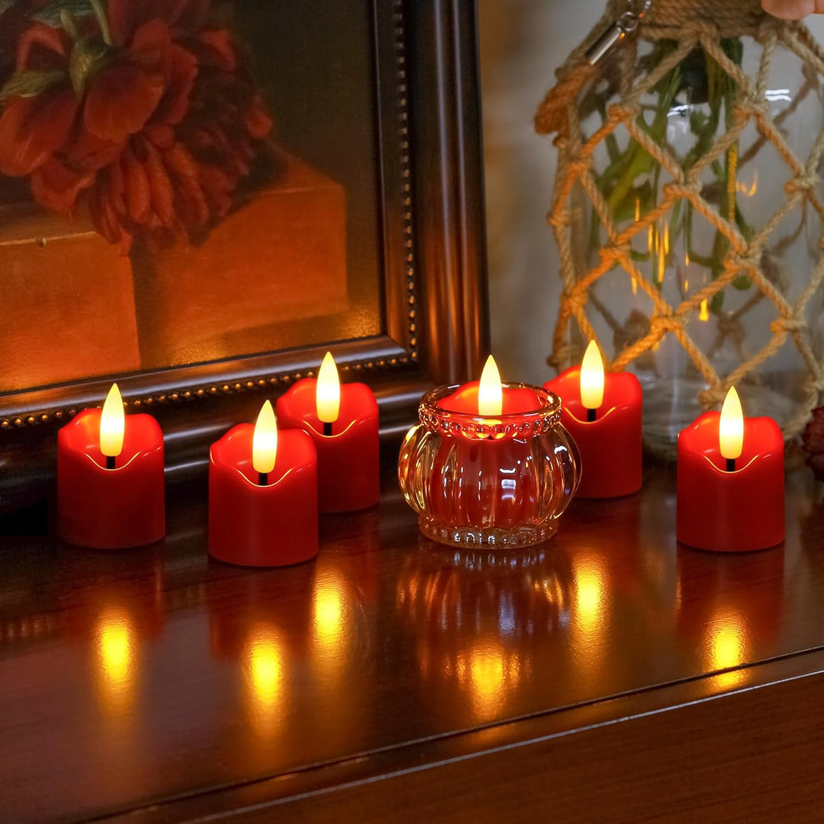 6 Pack Battery Operated Auto Daily Timer Burgundy Plastic LED Flameless Votive Candles, Long