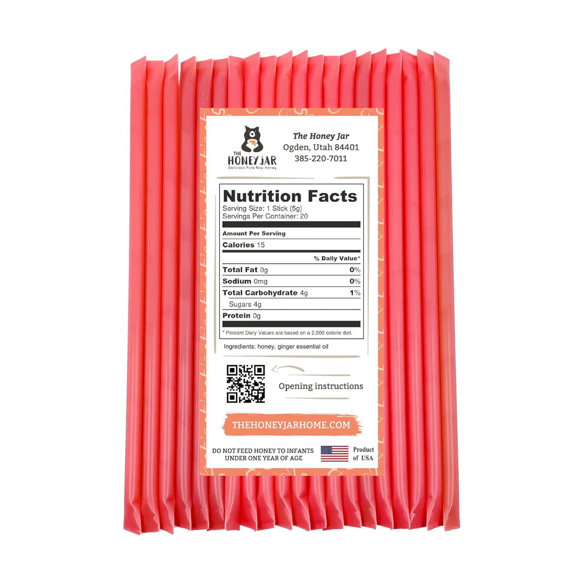 The Honey Jar Ginger Flavored Honey Sticks - Pure Honey Straws For Tea, Coffee, or a Healthy Treat