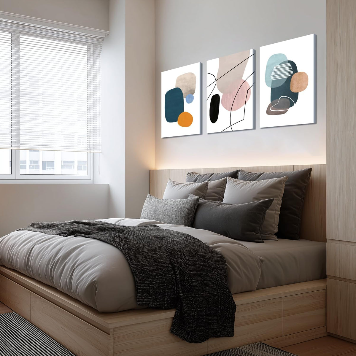 IAFWZX Framed Abstract Geometric Wall Art, Orange Blue Beige Color Block Wall Decor, Modern