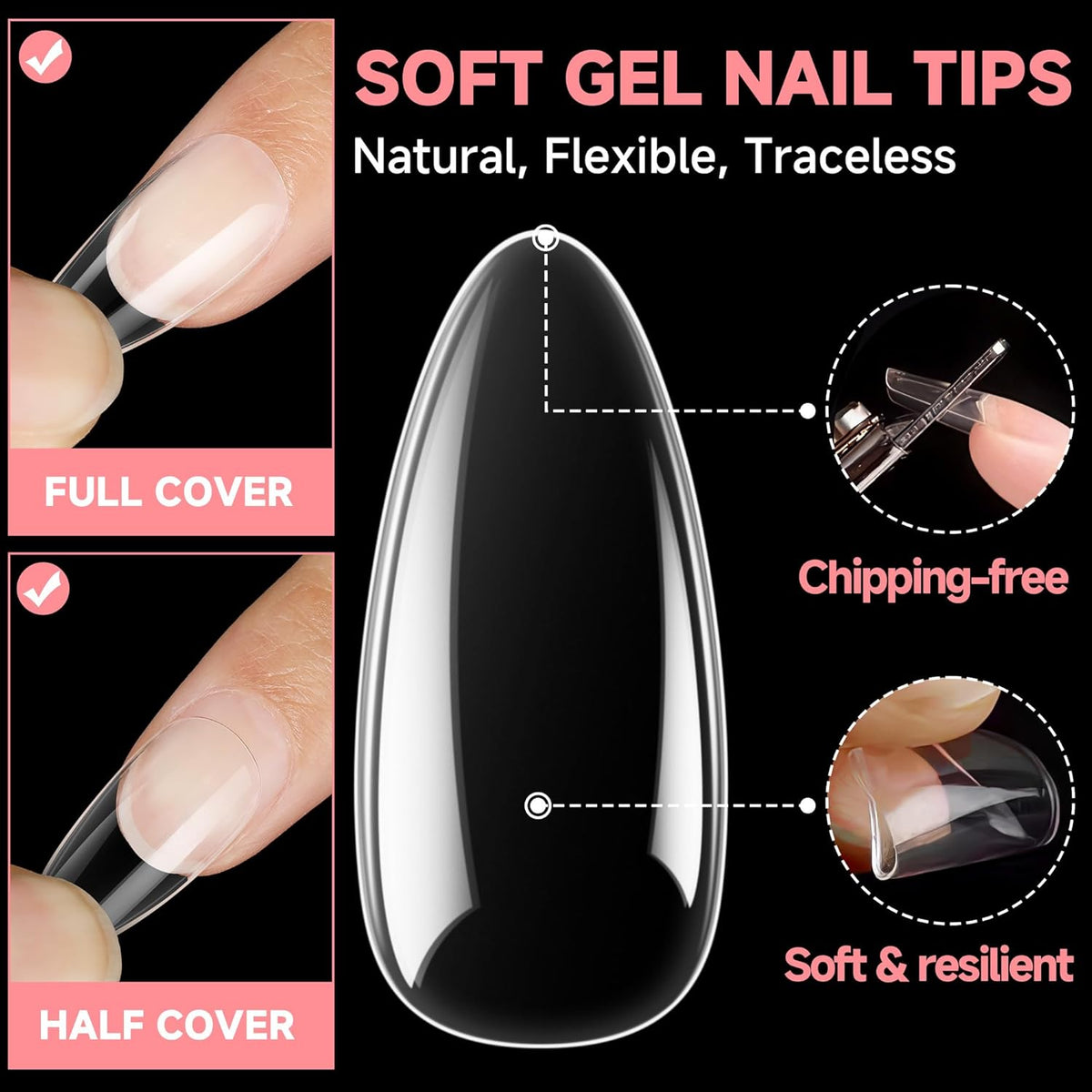 UNA GELLA Almond False Nails, 504pcs Soft Gel Tips, Clear, Medium, 12 Sizes, for Nail/Dip/Poly