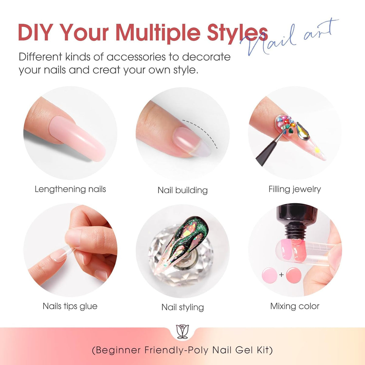 Poly Nail Gel Starter Kit -14 Colors + 75 Nails Art Accessories Kits, ROSALIND Nue Clear Poly