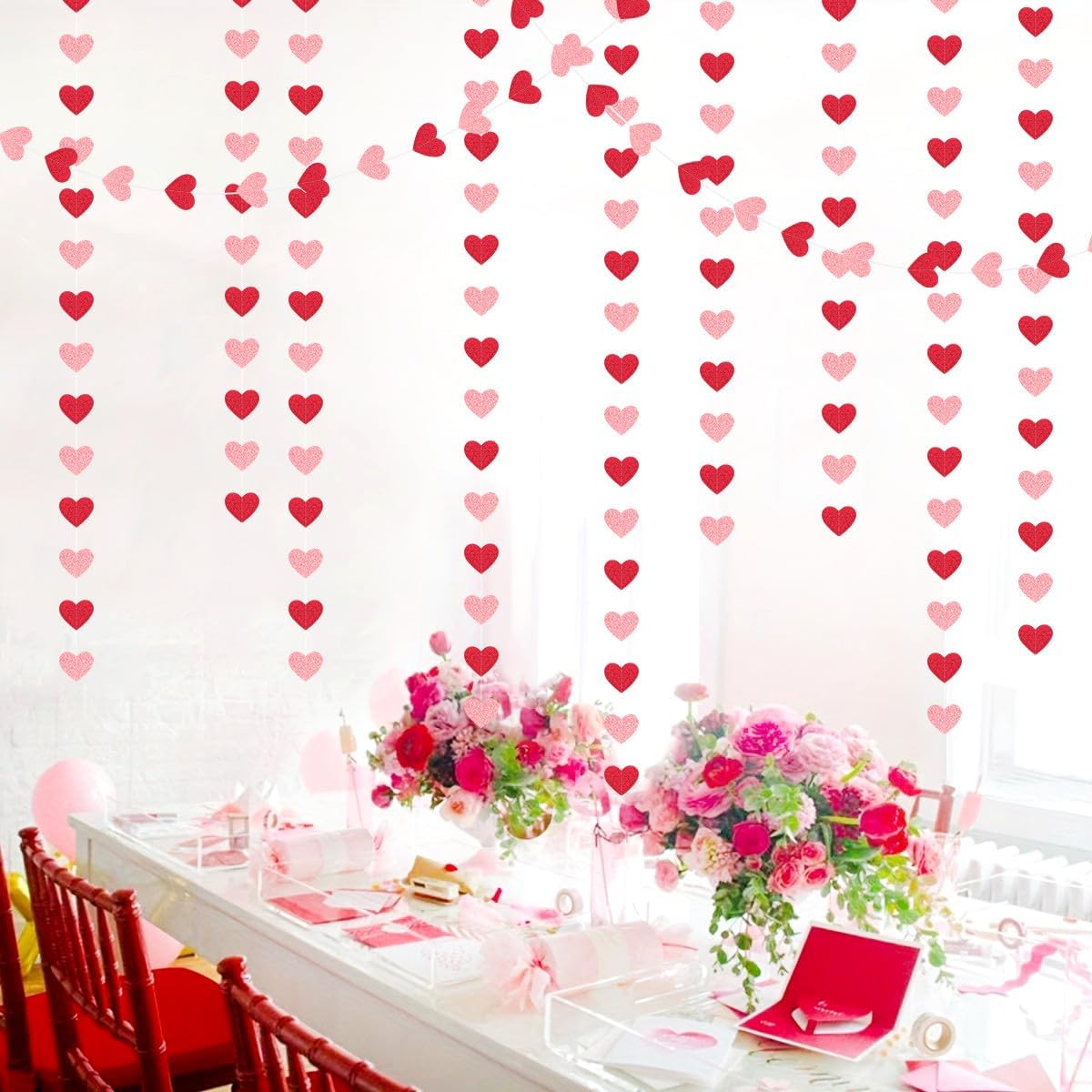 Red Pink Party-Decorations Heart Garland - 52ft Streamers Paper Banner,Proposal Anniversary
