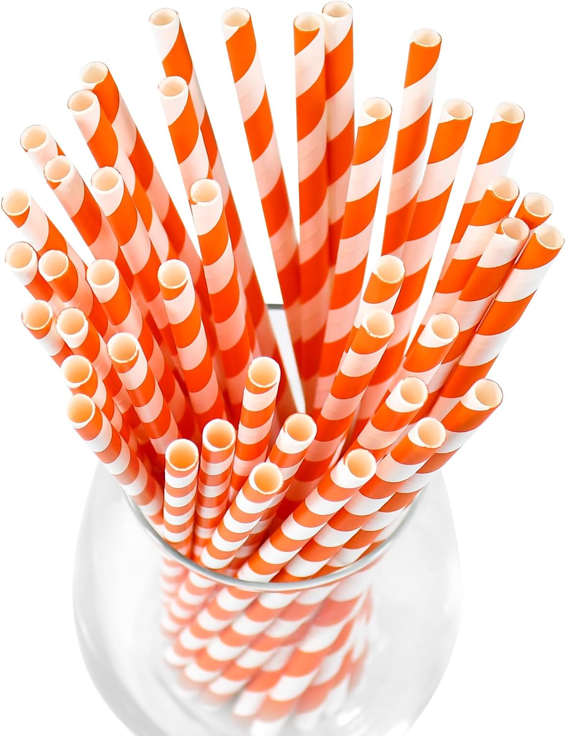 Compostable 7.75 inch Orange White Striped Paper Drinking Straws, 100 Counts - for Cocktail, Juice