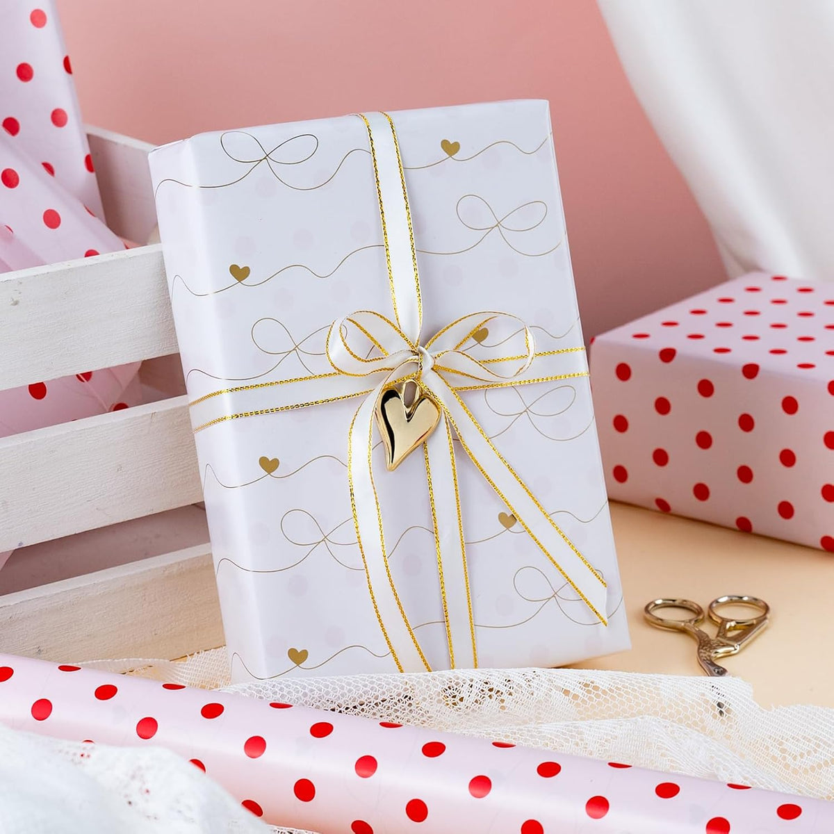Flyhill Red Polka Dot Wrapping Paper,Reversible Pink Gold Elegant Bow & Heart Gift Wrap Suitable