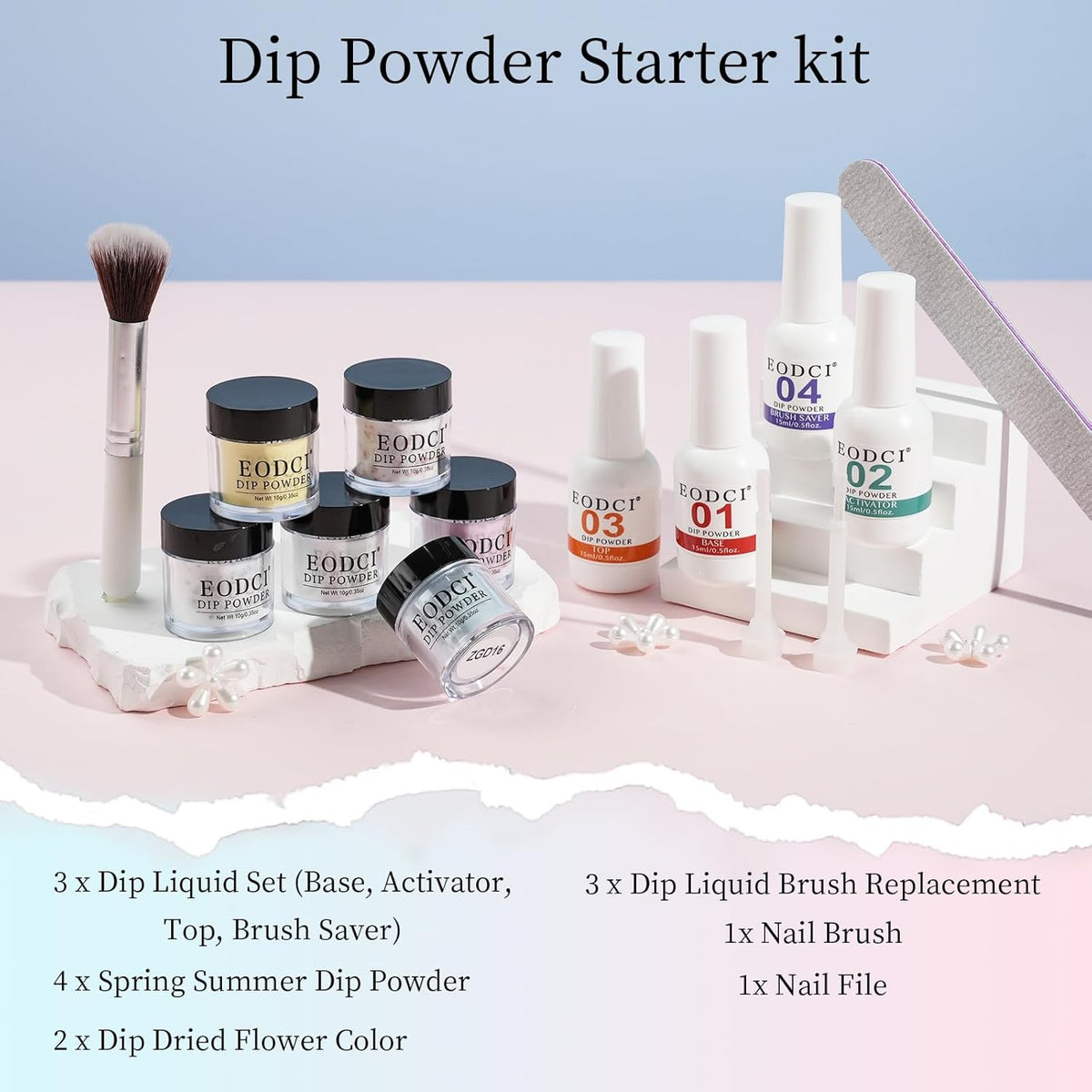 Dip Powder Nail Transparent Crystal Dried Flower Set, 6 Colors Dipping Powder Kit With Base & Top