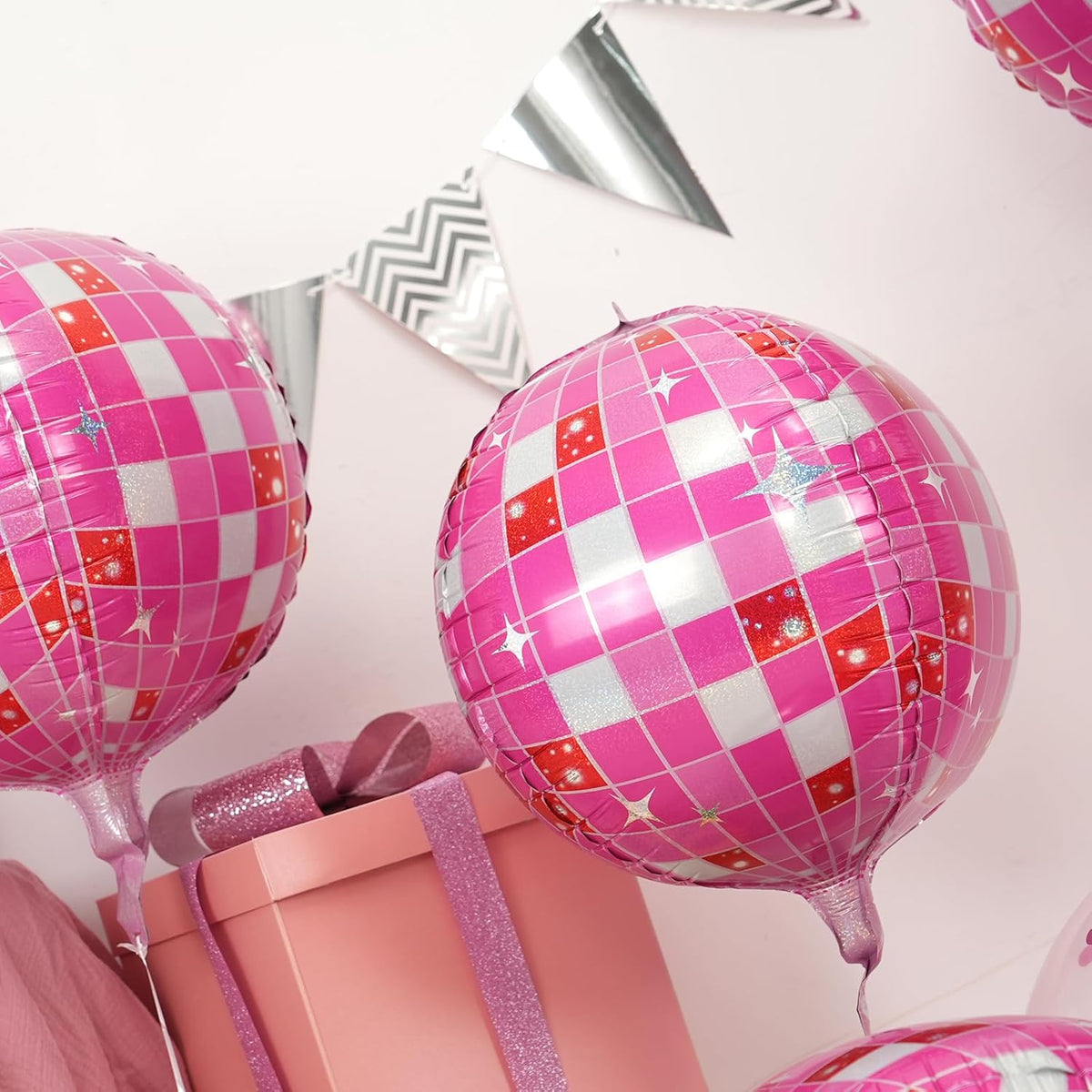 Disco Ball Balloons Pink Silver 4PC,Foil Disco Balloons 22 Inch 4D Round Pink Silver Balloon for