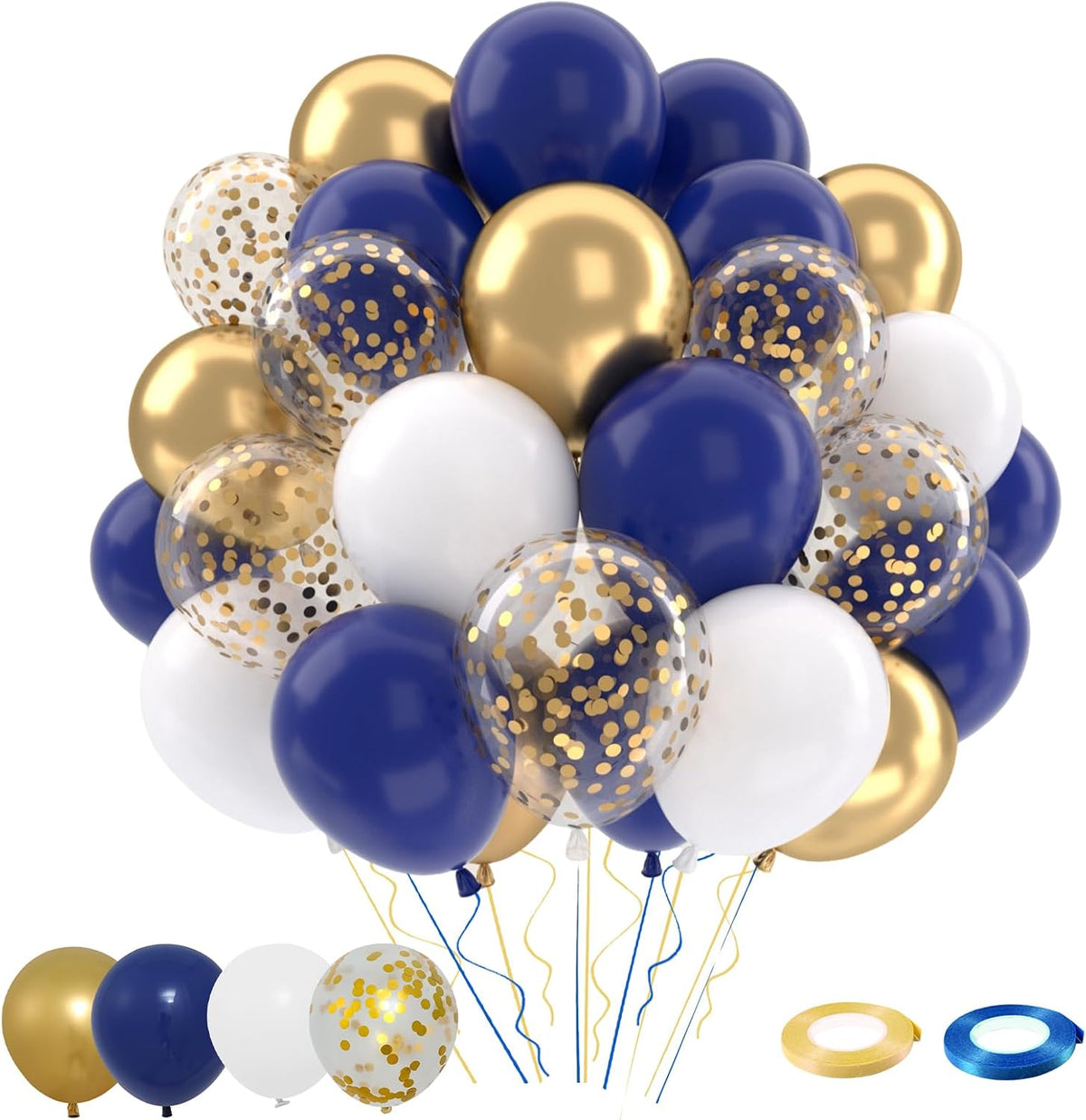 Patimate Navy Blue Gold Balloons Set, 50 pcs 12 inch Metallic Gold Navy Blue White Confetti Latex