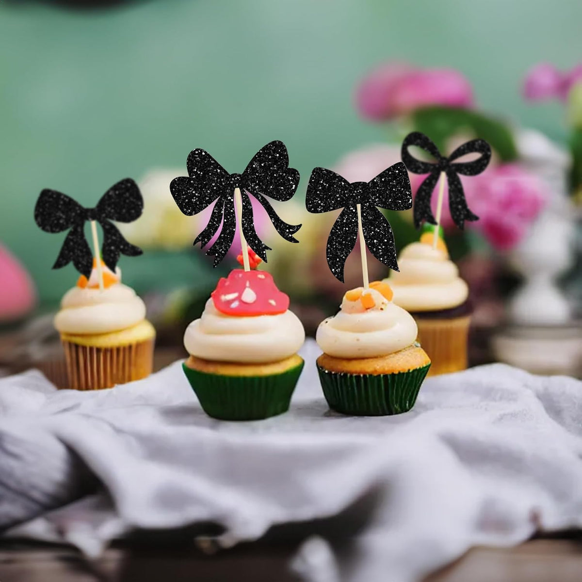 Gyufise 36Pcs Bow Cupcake Toppers Glitter Girls Birthday Decorations Bowknot Cupcake Picks Bow Tie