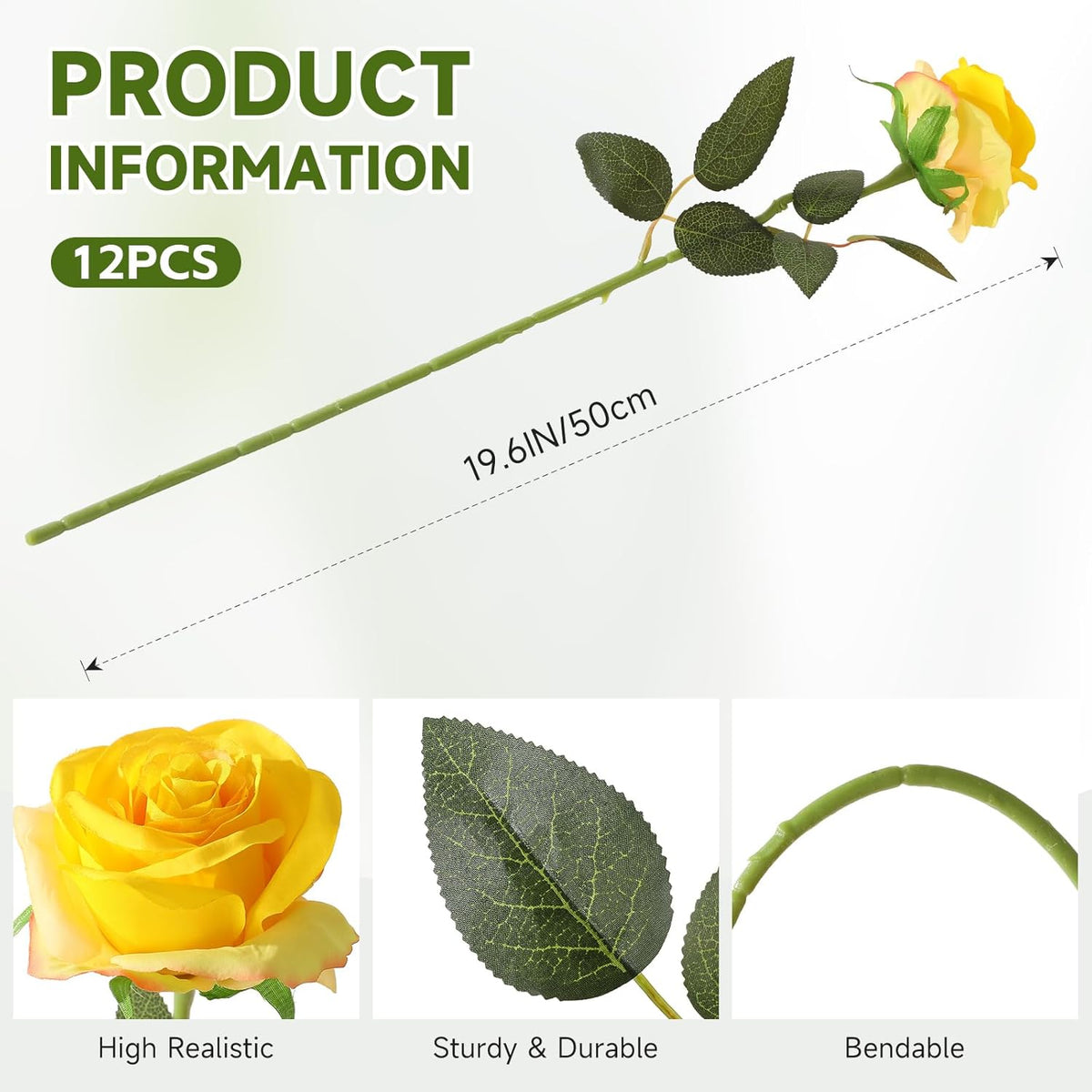Tifuly Yellow Roses Artificial Flowers -12 pcs Realistic Single Long Stem Fake Silk Roses Bouquet