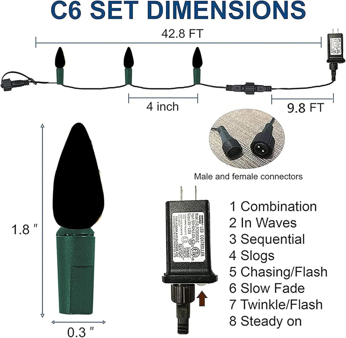 Dazzle Bright C6 Christmas String Lights, 100 LED 33 FT Outdoor Christmas Lights Waterproof