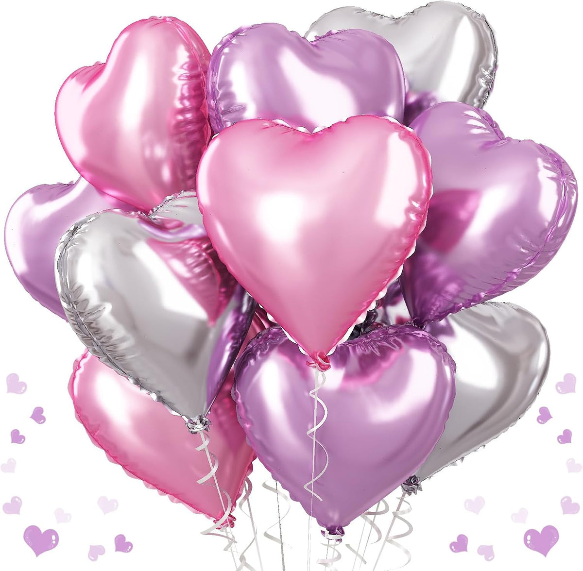 Pink Purple Foil Heart Balloons, 18 Inch 12Pcs Lavender Purple Pink and Silver Heart Shape Foil