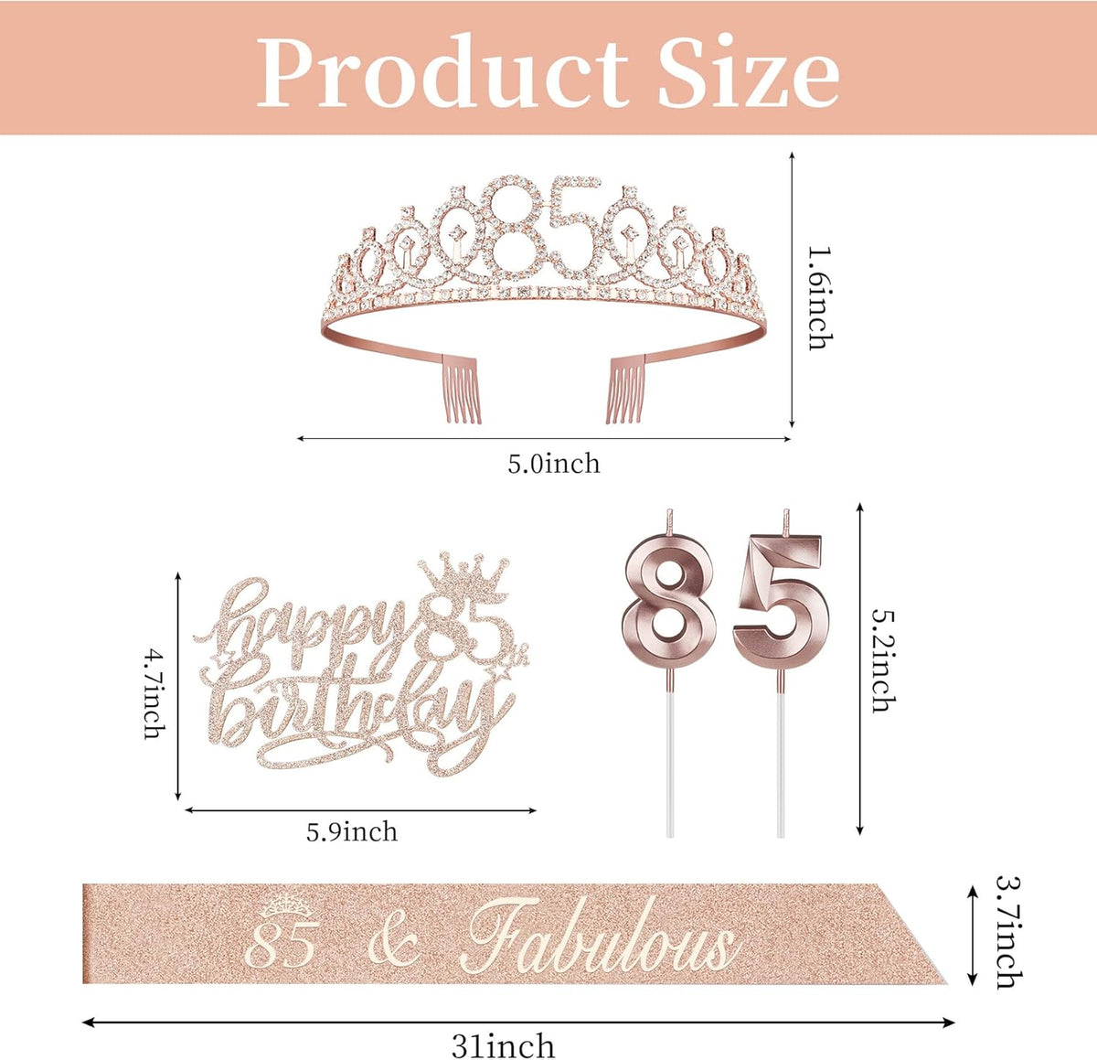 85th Birthday Party Decorations Including Sash, Crown, Numeral Candles and Cake Topper, Rose Gold