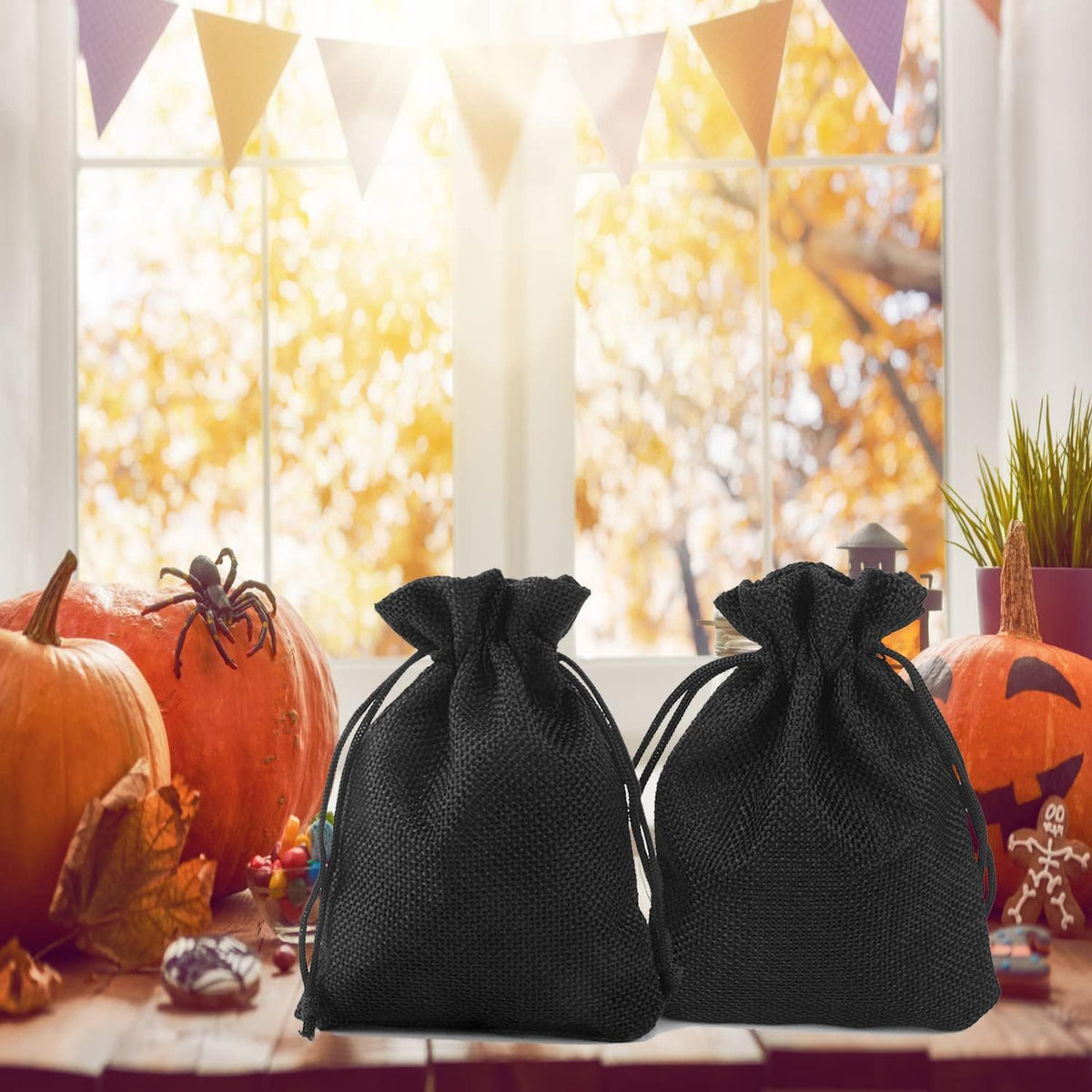 20Pcs Black Burlap Bags 5x7 inch, Drawstring Linen Gift Bags Small Jewelry Jute Sacks Halloween
