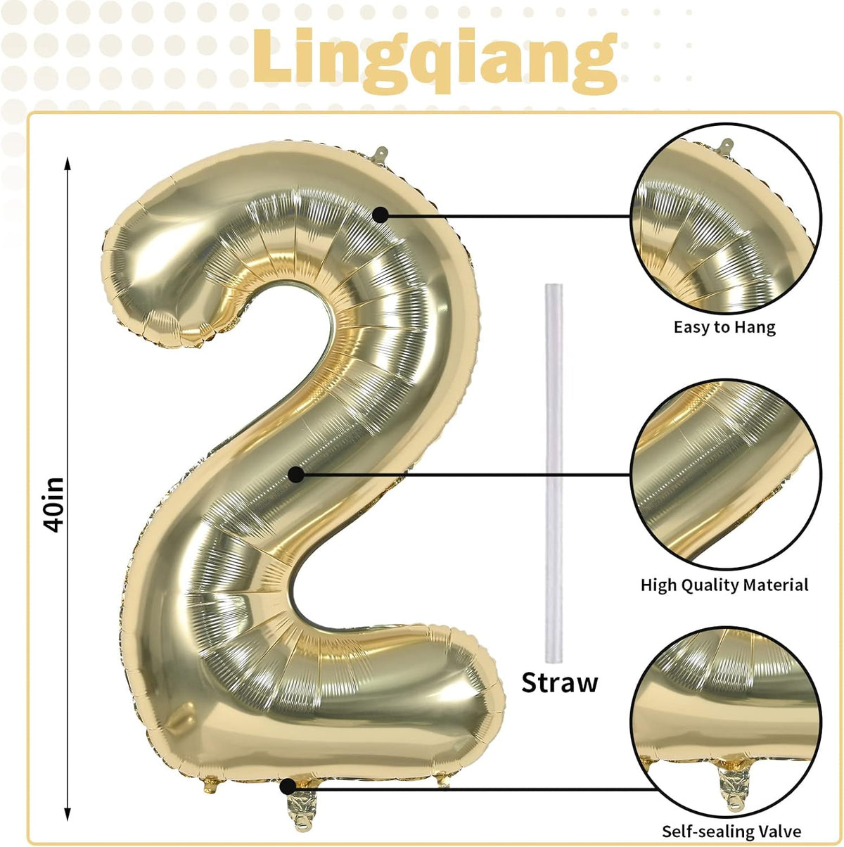 40 Inch Balloon Number 2 Champagne Gold, Large Foil Light Gold Number Balloons Set 0-9 for Women