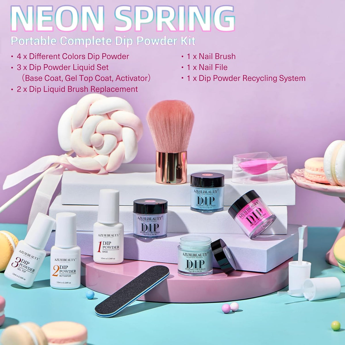 AZUREBEAUTY Dip Powder Nail Kit Starter, Spring Summer Bright Pastel Green Hot Pink Purple 4 Colors