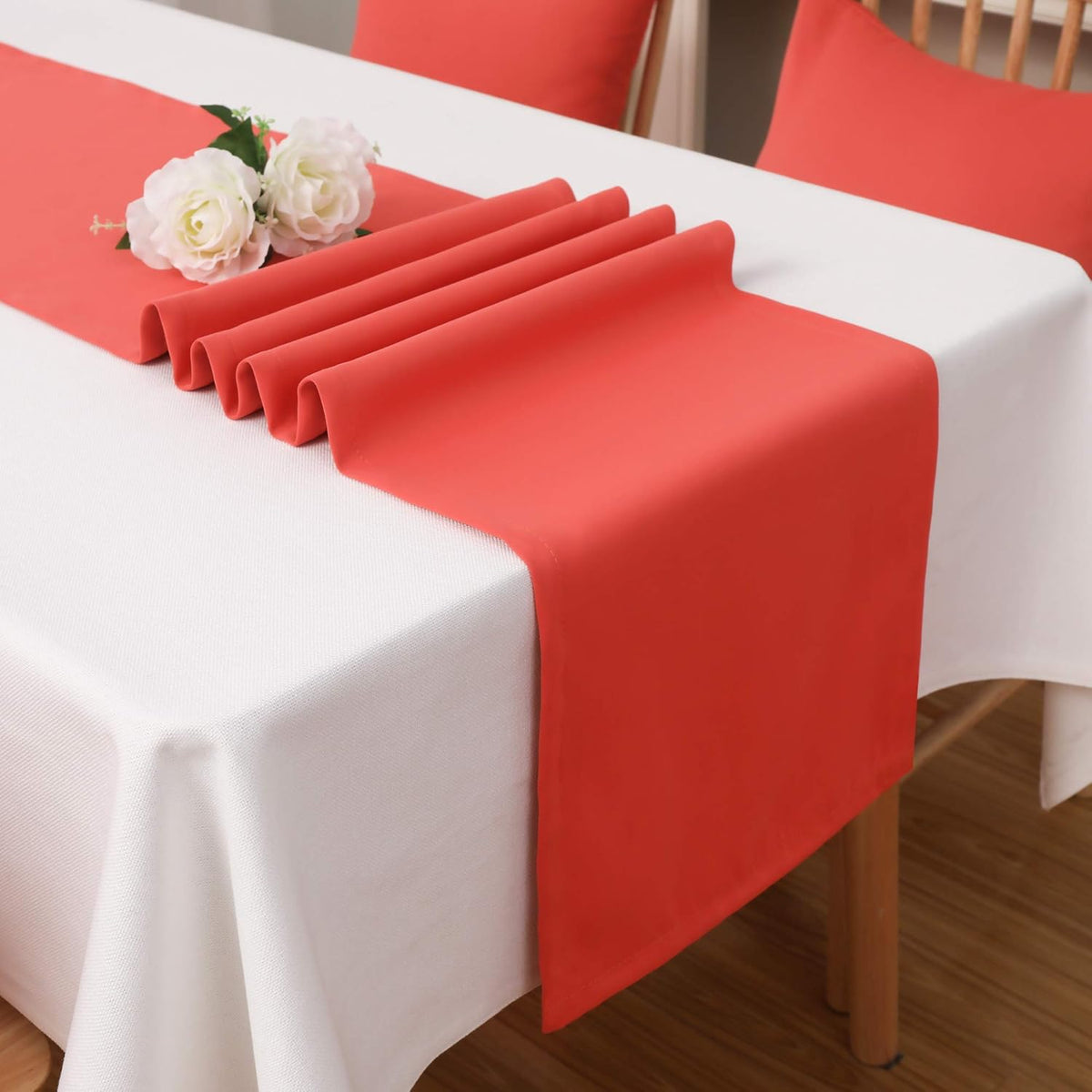 DUALIFE Coral Table Runner 14x72 Inch Solid Color Thick Polyester Decorative Cloth Handcrafted for