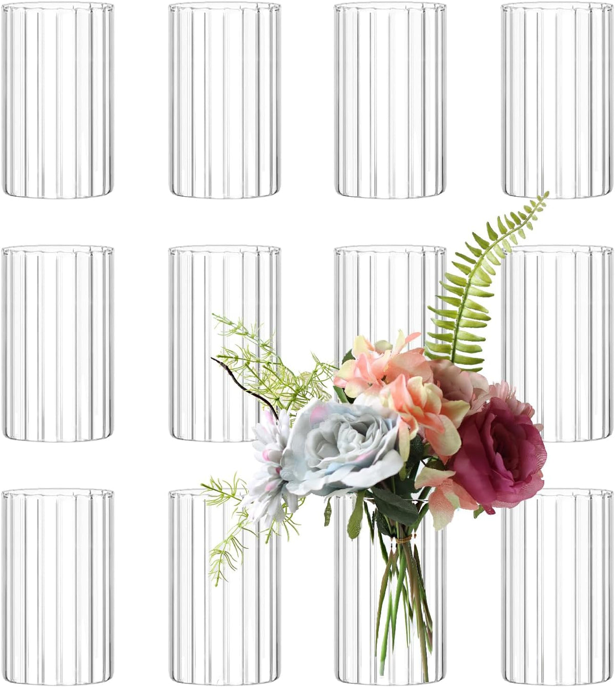 12Pcs Glass Cylinder vases for Centerpieces, 6 Inches Clear Ribbed Bud Vases for Wedding