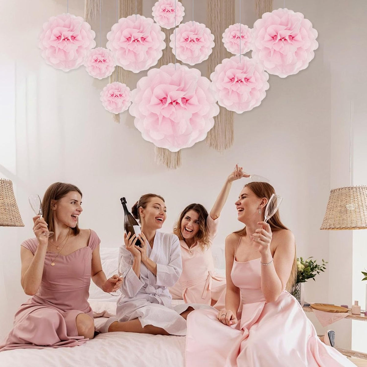 Tissue Paper Pom Poms, Light Pink Tissue Paper Flowers, Hanging Flower Balls for Weddings Fiesta