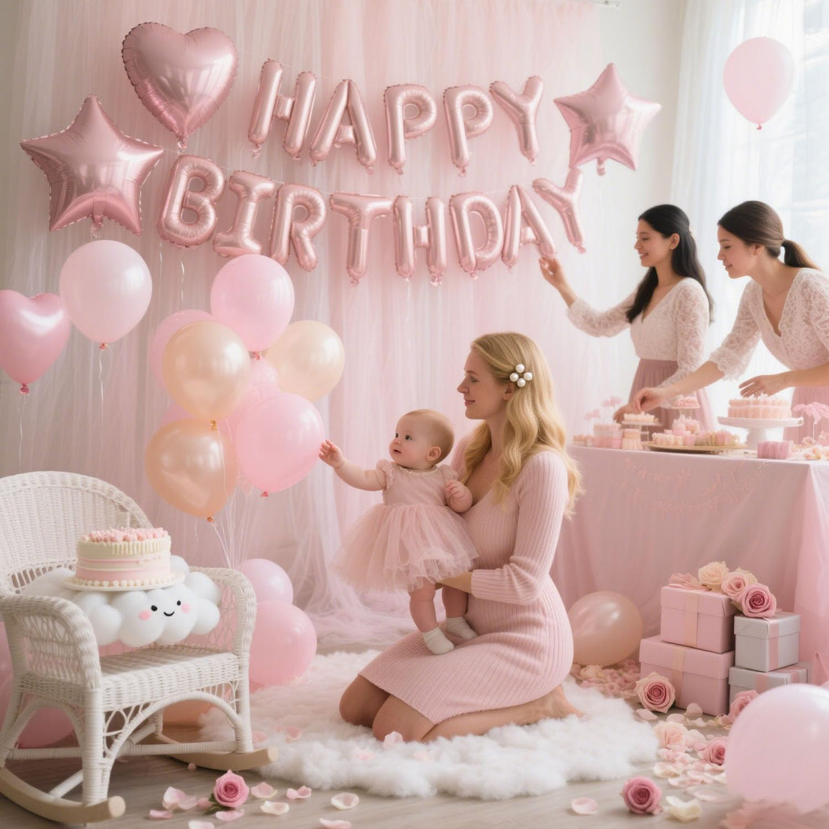 29 Pcs Pink Birthday Party Decorations - Happy Birthday Balloons Banner Baby Pink, Heart & Star