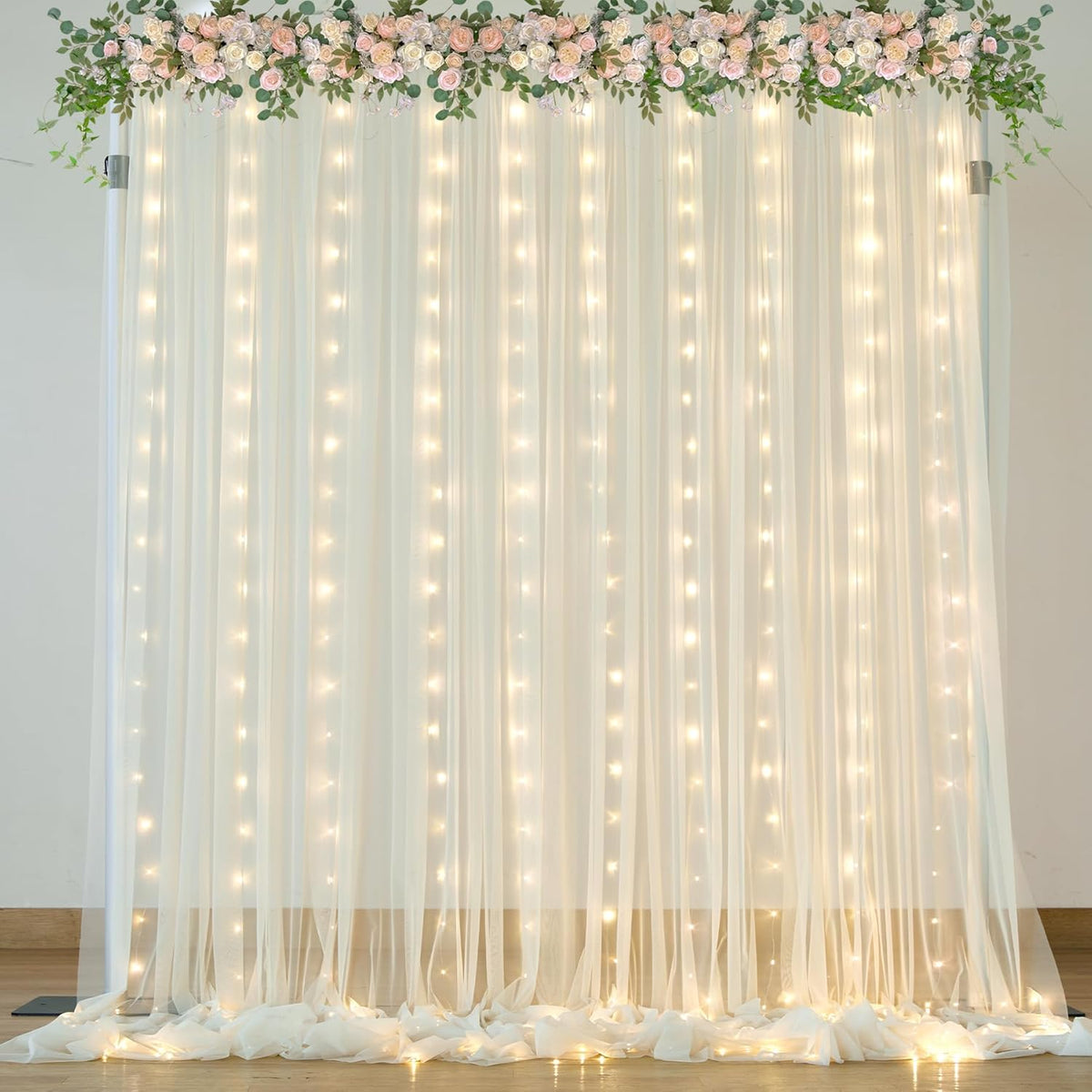Ivory Sheer Backdrop Curtains with Lights String for Parites Wedding 10×8ft Tulle Backdrop Curtains
