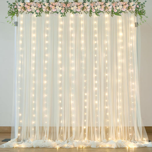 Ivory Sheer Backdrop Curtains with Lights String for Parites Wedding 10×8ft Tulle Backdrop Curtains