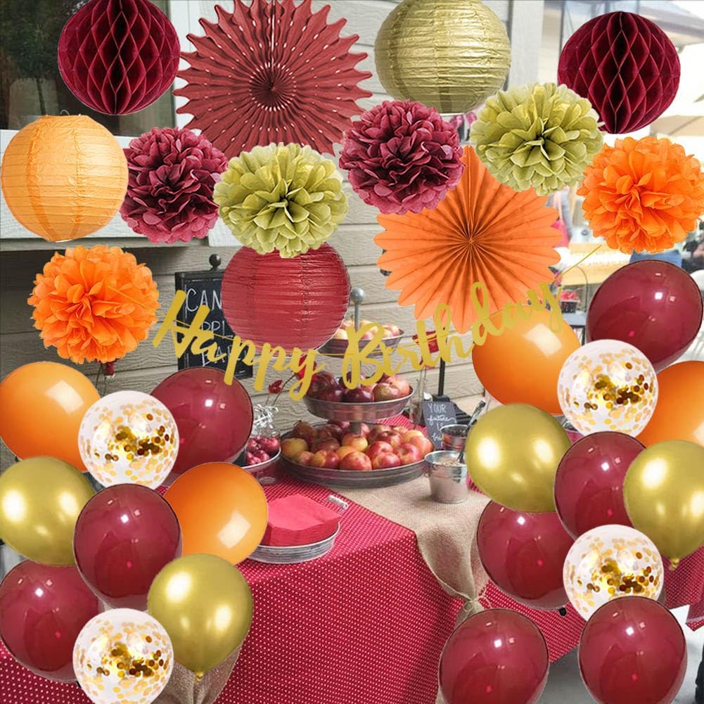Fall Birthday Decorations Burgundy and Orange Party Decorations Pom Poms Flowers Paper Lanterns