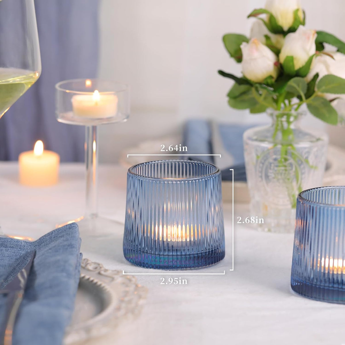 DARJEN Blue Ribbed Tealight Votive Candle Holders- 6Pack Glass Candle Holders for Table