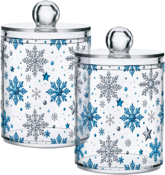 Gredecor Christmas Winter Qtip Holder Dispenser 2 Pack Silver Blue Glitter Snowflakes Bathroom