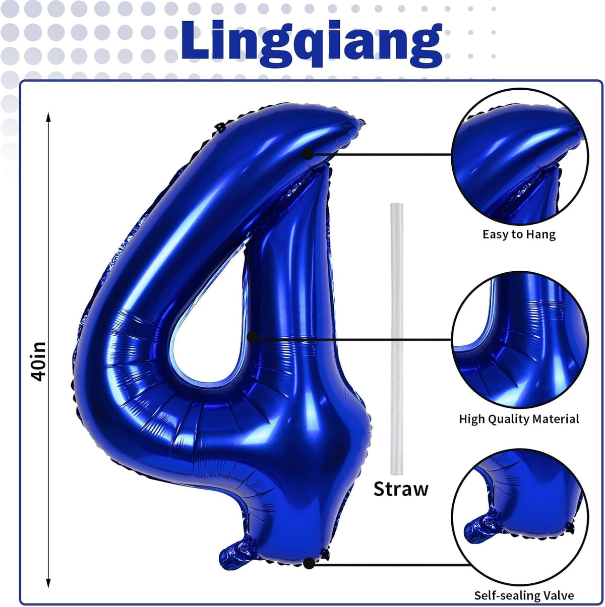 Navy Blue Foil Balloon Number 4, 40'' Giant Self Inflating Number Balloons Set 0-9, Large Dark Blue